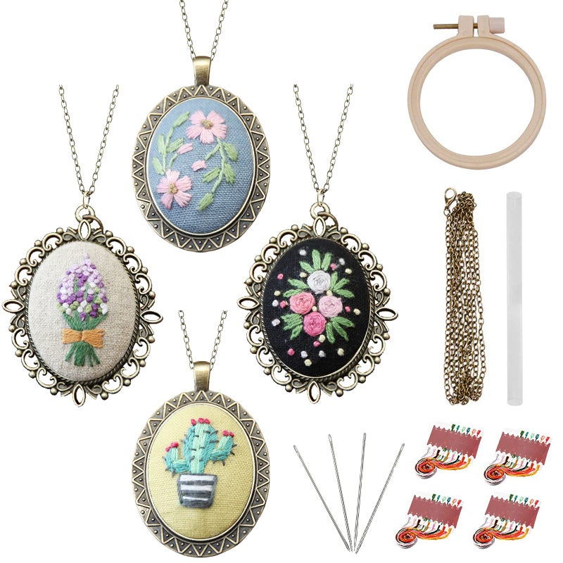 ZOCONE 4 Packs Embroidery Necklace Kits, Embroidery Pendant Kit Mini Cross Stitch Kit with Hoop, Necklace, Pendant, Stamped Pattern Cloth, Instructions, etc. Embroidery Kits for Adults - Image 1